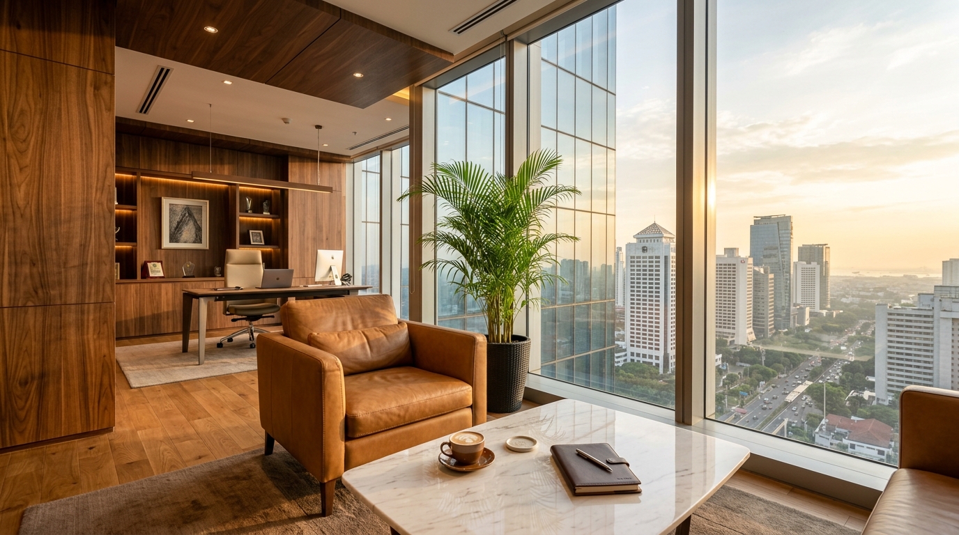 Indonesia Miner Hub luxury executive office and boardroom overlooking Jakarta skyline